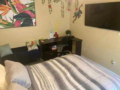 a bedroom with a bed and a desk and a tv at Botanical Tranquility in Orlando