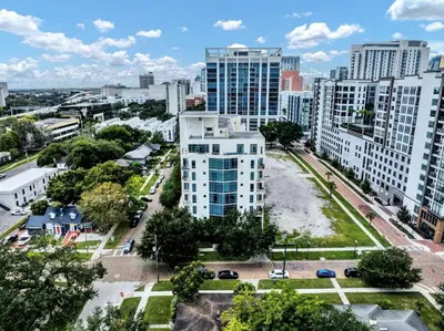 an aerial view of a city with tall buildings at Lake Eola Thornton Park Modern 2Bed 2Bath Secure Parking in Orlando