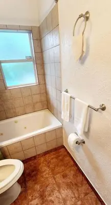 a bathroom with a toilet and a tub and a window at Ava Lea's Falls in Orlando