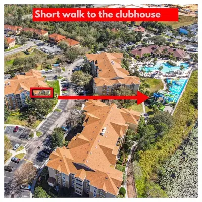 a map of a resort with a red arrow pointing to the clubhouse at C2821-403-Windsor Hills Resort-Free Water Park-2 Miles to Disney in Orlando