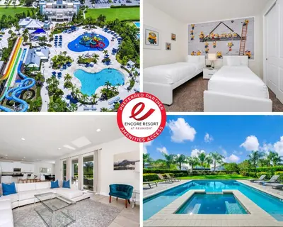 a collage of photos of the water park at the resort at Regal Home With Private Pool Near Disney With Waterpark & Resort Access At Encore Resort - 7727Ff in Kissimmee