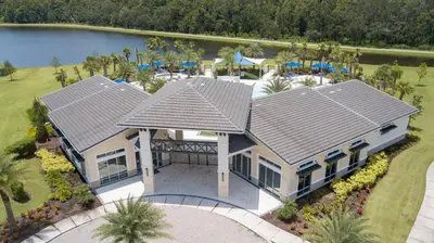 an aerial view of a house with a pool at Fantastic 5 BD Pool Near Disney Resort Perks in Kissimmee