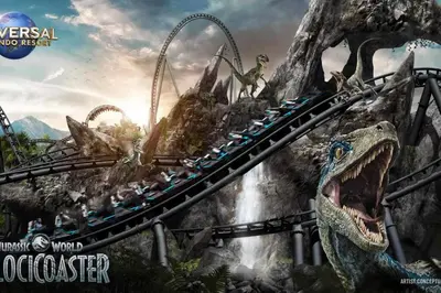 a dinosaur train in a painting with dinosaurs on it at Paradise island near Disney in Kissimmee