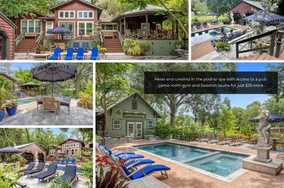 a collage of photos of a house with a swimming pool at Lake House in Orlando