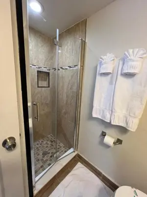 a bathroom with a shower and a toilet and towels at 22 -The heart of International Dr - Universal in Orlando