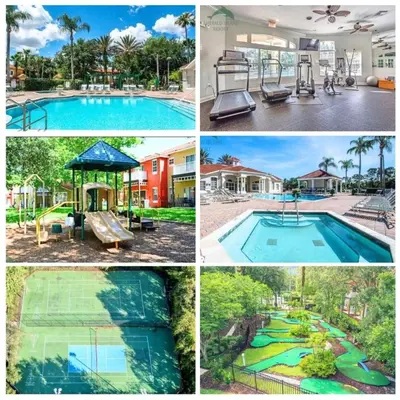 a collage of pictures of a swimming pool at Scenic 3BR Family Retreat, Pool, Gym, 3mi to Disney in Kissimmee