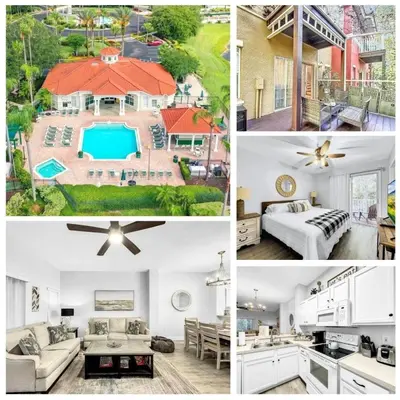 a collage of pictures of a house with a pool at Scenic 3BR Family Retreat, Pool, Gym, 3mi to Disney in Kissimmee