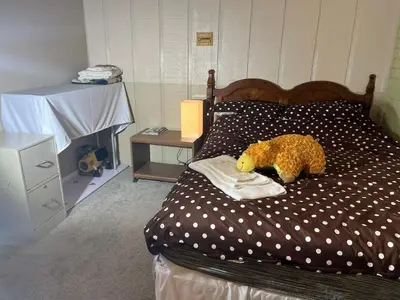 a stuffed teddy bear laying on a bed at Red Brick House in Kissimmee