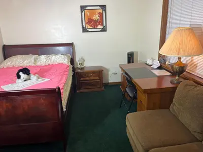 a bedroom with a dog laying on a bed at Red Brick House in Kissimmee