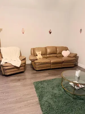 a living room with two couches and a green rug at Central Hub in Orlando