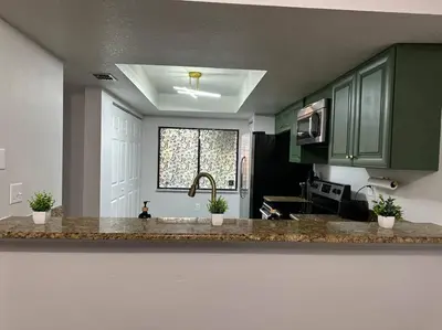 a kitchen with green cabinets and a counter top at Central Hub in Orlando