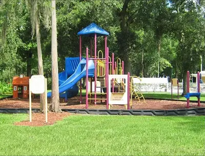 a playground with a slide in a park at The Pink House of Celebration in Kissimmee