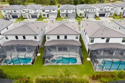an aerial view of a house with a pool at Kids Dream Vac Home Harry Potter Mickey Rooms in Orlando