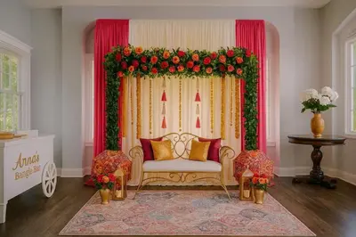 a living room with a stage with a chair and flowers at 6 Bedroom Historic Home in Orlando