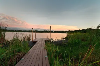 a wooden bridge over a body of water at Themed Speak Easy with Pool, Hot Tub, & Lake in Orlando