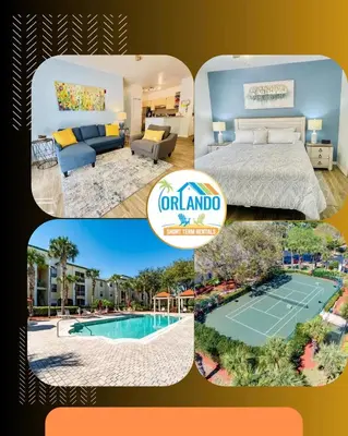 a collage of photos of a hotel room and a bedroom at Cozy Condo Minutes Away From Disney in Kissimmee