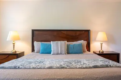 a bedroom with a large bed with blue pillows at Luxury 4 bedroom 3 bath pool Home 283 in Kissimmee
