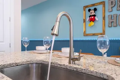 a kitchen sink with a faucet and three wine glasses at The Mouse PlayHouse in Orlando