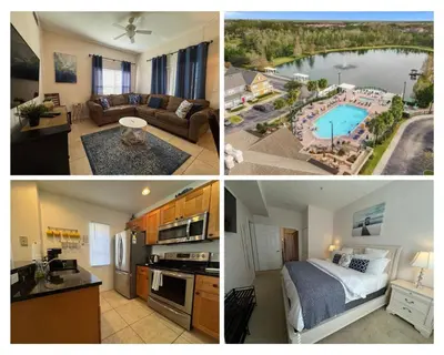 a collage of three pictures of a kitchen and a living room at 4 Bedroom 3 Bathroom Villas At SevenDwarfs 31-107 in Kissimmee