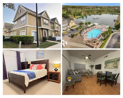 a collage of pictures of a house with a bedroom and a pool at 4 Bedroom 3 Bathroom Villas At SevenDwarfs 22-108 in Kissimmee