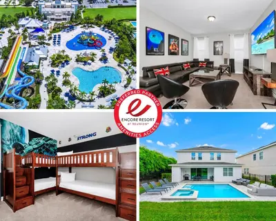 a collage of pictures of a pool and a house at Marvelous Home With Private Pool And Waterpark & Resort Access Near Disney At Encore Resorts Reunion - 7464Mr in Kissimmee