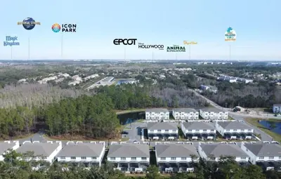 an aerial view of a resort with buildings at TR1421SL - Brand new Mykonos property in Orlando