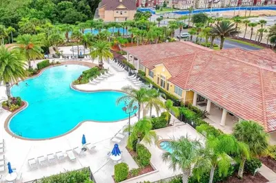 an aerial view of a pool at a resort at Oakwater Resort Home w/ Arcade & Pool Table - 15 Min to Disney in Orlando