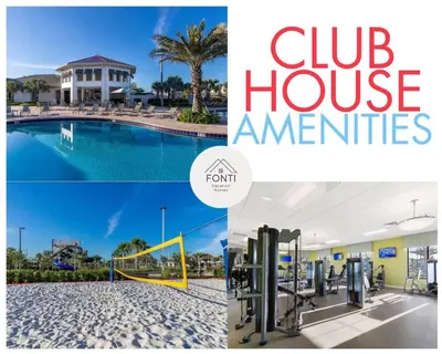 a collage of photos of a club house with a pool at 3141-104 Resort Lake View Disney Universal Orlando in Kissimmee