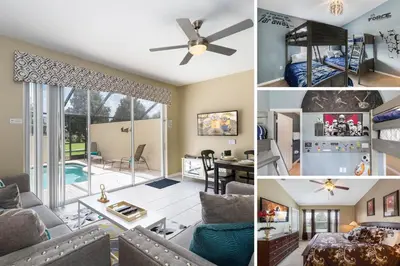 a collage of photos of a living room and a living room at Escape to Luxury in Orlando Villa6492 in Orlando