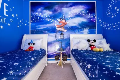 two twin beds in a room with blue walls at Themed 5Bd Paradise Palms Close to Disney w Pool 8951 in Kissimmee