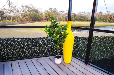 a plant in a yellow vase sitting on a balcony at FunTropicalTinyGemUCF in Orlando