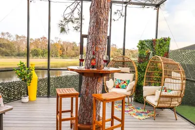 a porch with a table and chairs and a tree at FunTropicalTinyGemUCF in Orlando