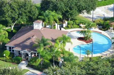 an overhead view of a house with a swimming pool at Villa Rios Camilo - Lucaya Village in Kissimmee