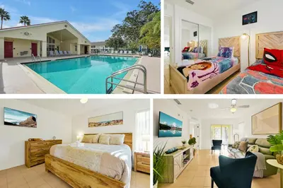 a collage of three pictures of a bedroom and a pool at 2728 CLUB CORTILE CIRCLE UNIT A 3BED in Kissimmee