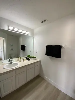 a bathroom with a sink and a large mirror at Townhome in Orlando