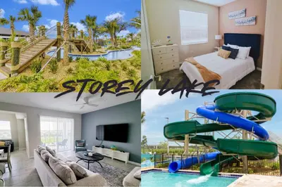 a collage of photos of a hotel room with a water slide at Stunning Storey Lake Resort and Game room in Kissimmee