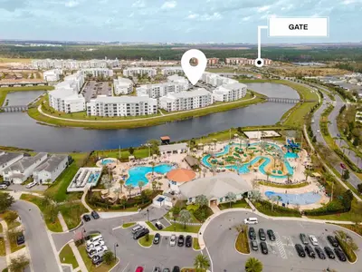 an aerial view of a resort with a water park at 304 Storey Lake new 6guests 2 BDRS near lakeClub in Kissimmee