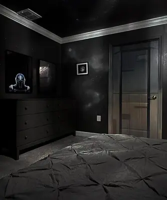 a black bedroom with a bed and a door at 4184PD Weekly Stay 5BR Free Water Park in Kissimmee