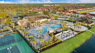 an aerial view of a resort with a pool and resort at Wonderful 4 bed Family Home with Private Pool in Kissimmee