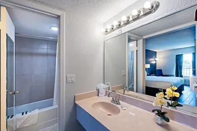 a bathroom with a sink and a large mirror at Palm Tree Inn Altamonte Springs Orlando in Orlando