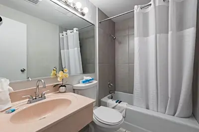 a bathroom with a sink and a toilet and a mirror at Palm Tree Inn Altamonte Springs Orlando in Orlando