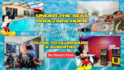 a collage of photos of a house with a swimming pool at Group retreat w pool, spa & BBQ in Orlando