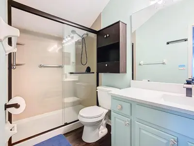 a bathroom with a shower and a toilet and a sink at Group retreat w pool, spa & BBQ in Orlando