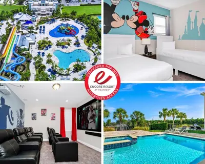 a collage of photos of a hotel with a pool and a resort at Marvelous Home With Media Room, Theme Room And Waterpark & Resort Access Near Disney At Encore Resorts Reunion - 7485Mr in Kissimmee