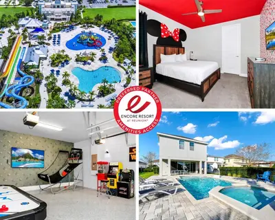 a collage of photos of a hotel with a pool and a resort at Magnificent Home With Private Pool, Theater & Game Room Near Disney With Waterpark & Resort Access At Encore Resort - 230Bu in Kissimmee