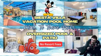 a flyer for a vacation pool home with a picture of a room at 4BR home w pool, spa & BBQ grill in Orlando