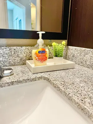 a bathroom sink with a bottle of soap on it at Modern Apt in Lake Nona, 10min to ORL Airport in Orlando