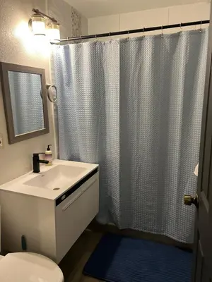 a bathroom with a sink and a shower curtain at City and Stadium Sanctuary Vibes in Orlando
