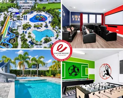 a collage of photos of the indoor pool at a resort at Home With Splash Pad And Slide, Movie Theater & Game Room With Waterpark & Resort Access - 417Sf in Kissimmee