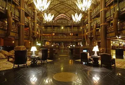 a large building with tables and chairs and lights at Disney's Animal Kingdom Villas - Kidani Village in Orlando